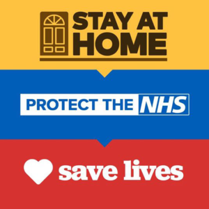 Banner saying 'stay at home, protect the NHS, save lives'