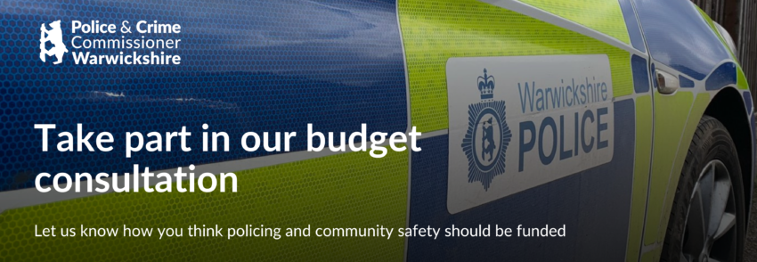 A side view of a police car with overlaid text 'Take part in our budget consultation'